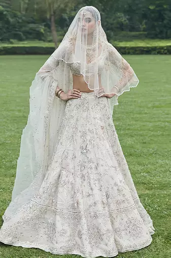 Ivory Embroidered Tulle Lehenga Set With Veil