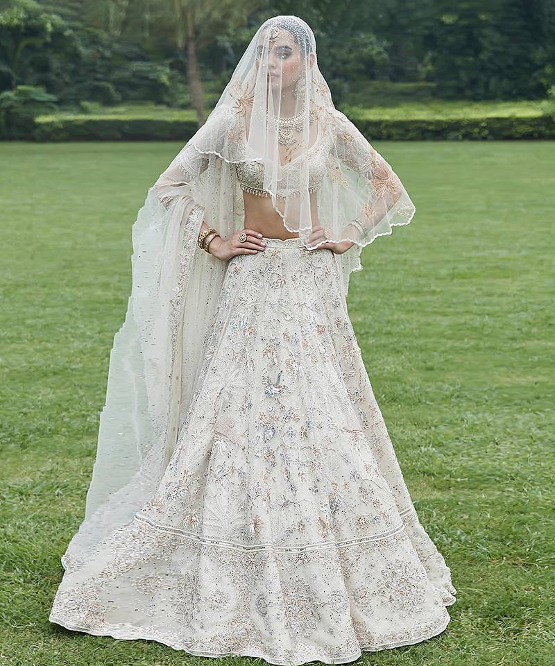 Ivory Embroidered Tulle Lehenga Set With Veil
