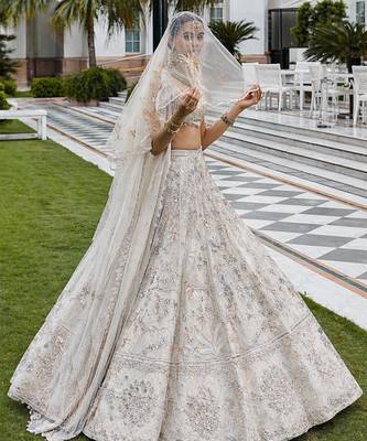 Ivory Embroidered Tulle Lehenga Set With Veil 3