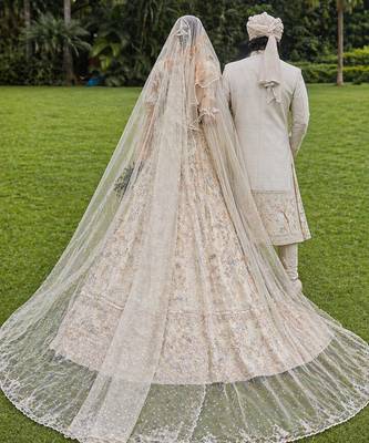 Ivory Embroidered Tulle Lehenga Set With Veil 4