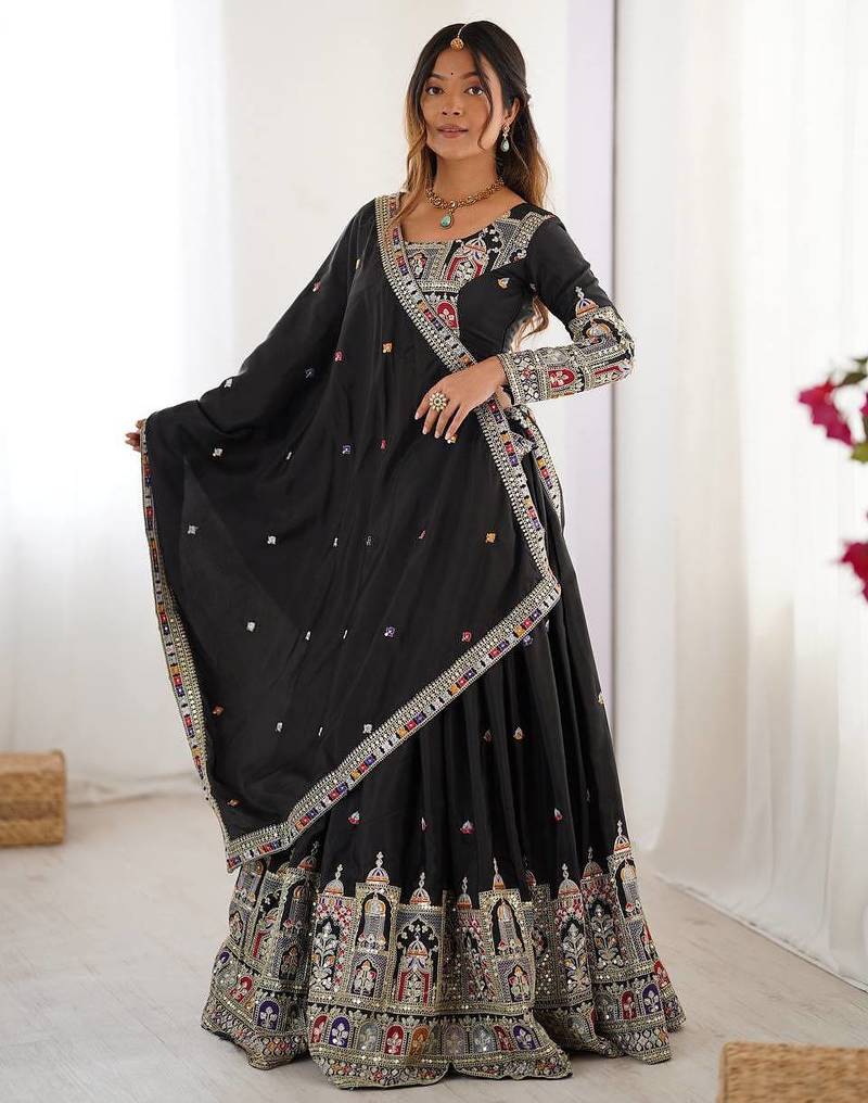 Black crepe silk lehenga choli for women