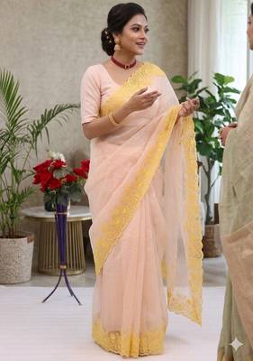 peach emboidered cut work organza saree with blouse 3