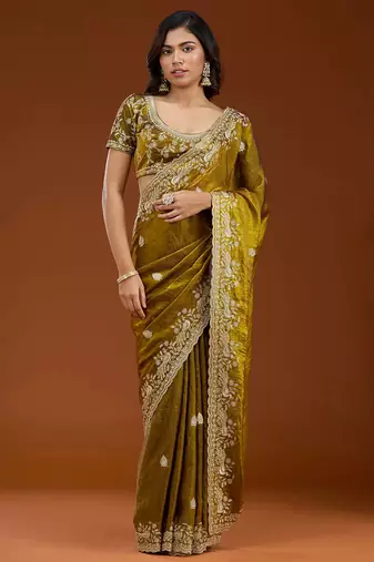 Mustard embroidered threads zari work satin silk bollywood saree with blouse