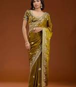 Mustard embroidered threads zari work satin silk bollywood saree with blouse