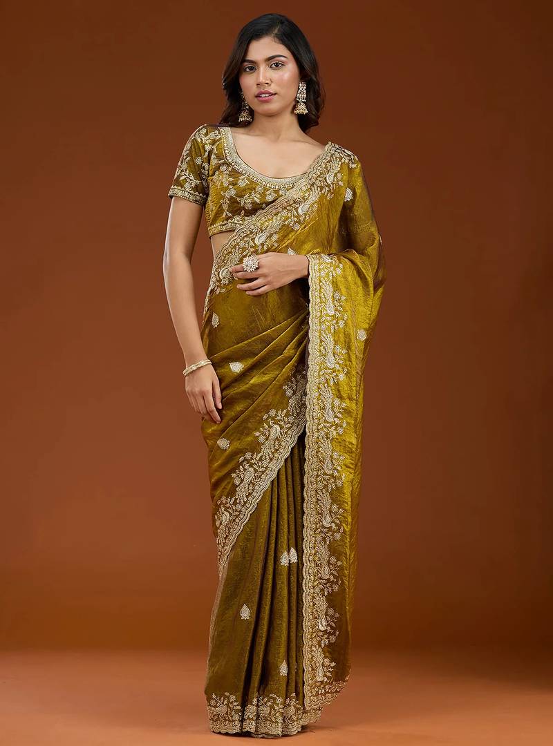 Mustard embroidered threads zari work satin silk bollywood saree with blouse