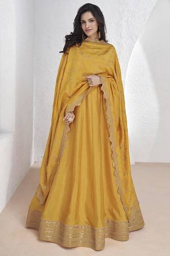 Vichitra silk yellow embroidered designer anarkali suit