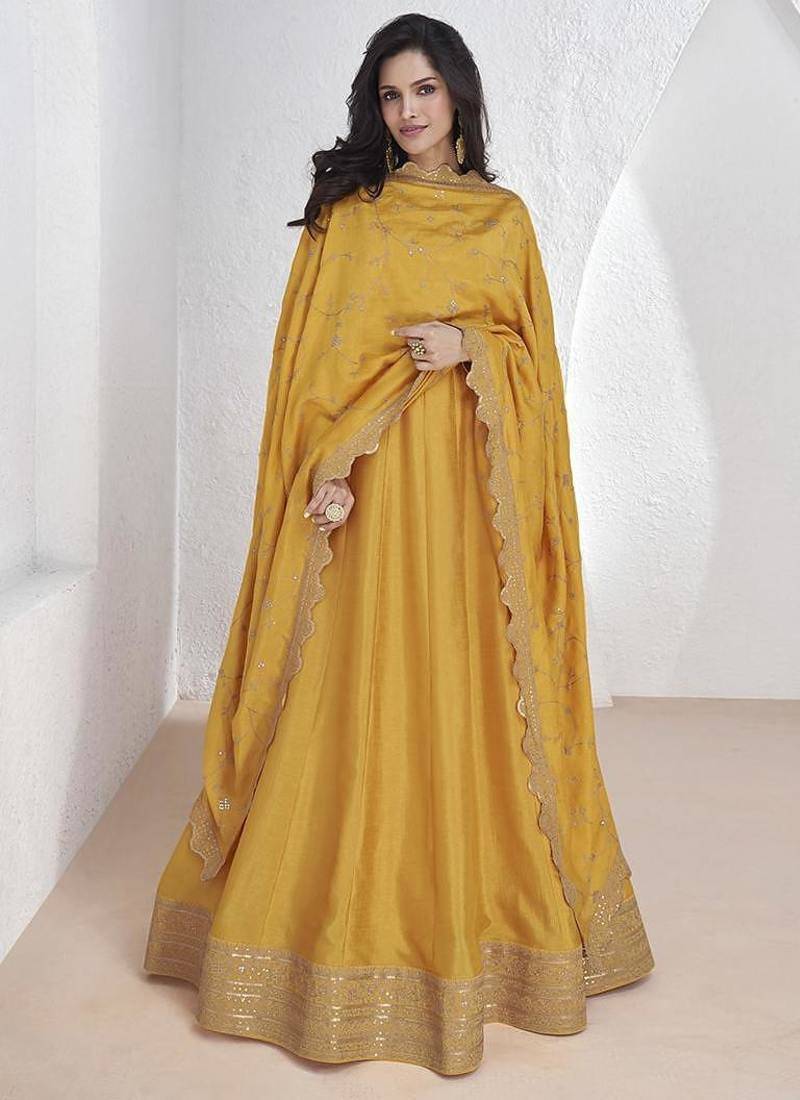 Vichitra silk yellow embroidered designer anarkali suit