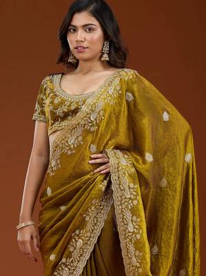 Mustard embroidered threads zari work satin silk bollywood saree with blouse 2