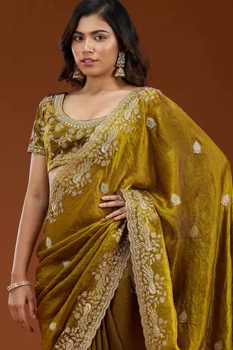 Mustard embroidered threads zari work satin silk bollywood saree with blouse