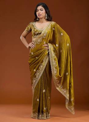 Mustard embroidered threads zari work satin silk bollywood saree with blouse 3