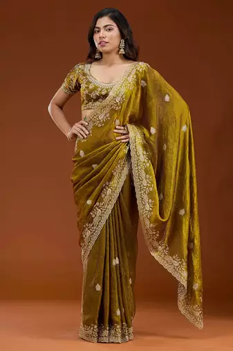 Mustard embroidered threads zari work satin silk bollywood saree with blouse