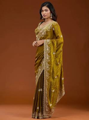 Mustard embroidered threads zari work satin silk bollywood saree with blouse 4