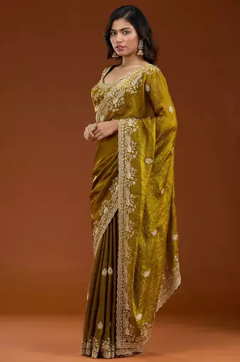 Mustard embroidered threads zari work satin silk bollywood saree with blouse