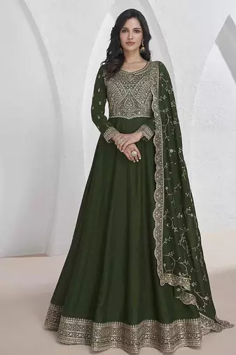 Vichitra silk dark green embroidered designer anarkali suit