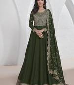 Vichitra silk dark green embroidered designer anarkali suit
