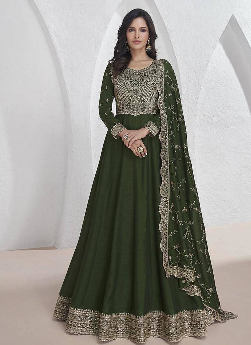 Vichitra silk dark green embroidered designer anarkali suit