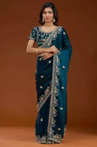 Teal blue embroidered threads zari work satin silk bollywood saree with blouse