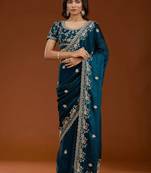 Teal blue embroidered threads zari work satin silk bollywood saree with blouse