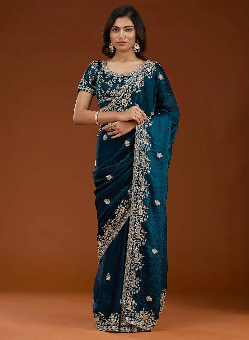 Teal blue embroidered threads zari work satin silk bollywood saree with blouse