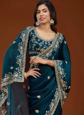 Teal blue embroidered threads zari work satin silk bollywood saree with blouse 2