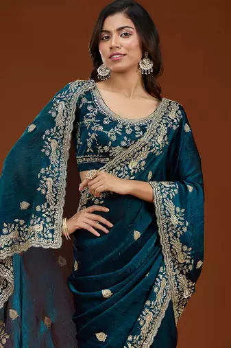 Teal blue embroidered threads zari work satin silk bollywood saree with blouse