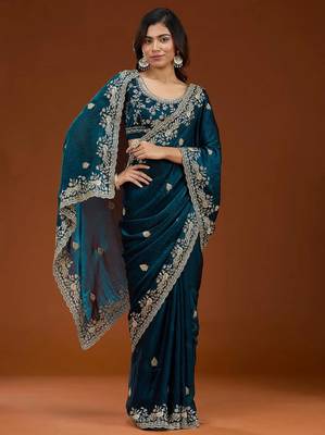 Teal blue embroidered threads zari work satin silk bollywood saree with blouse 3