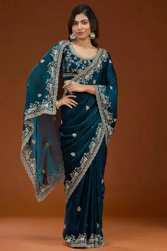 Teal blue embroidered threads zari work satin silk bollywood saree with blouse