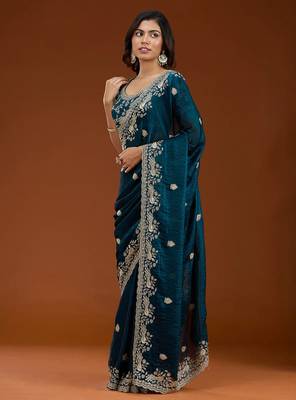 Teal blue embroidered threads zari work satin silk bollywood saree with blouse 4