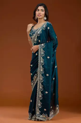 Teal blue embroidered threads zari work satin silk bollywood saree with blouse