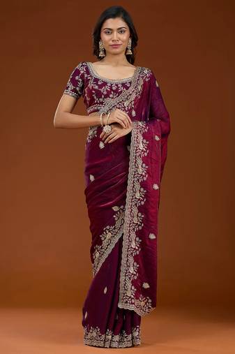 Wine embroidered threads zari work satin silk bollywood saree with blouse