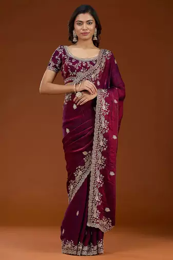 Wine embroidered threads zari work satin silk bollywood saree with blouse