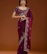 Wine embroidered threads zari work satin silk bollywood saree with blouse