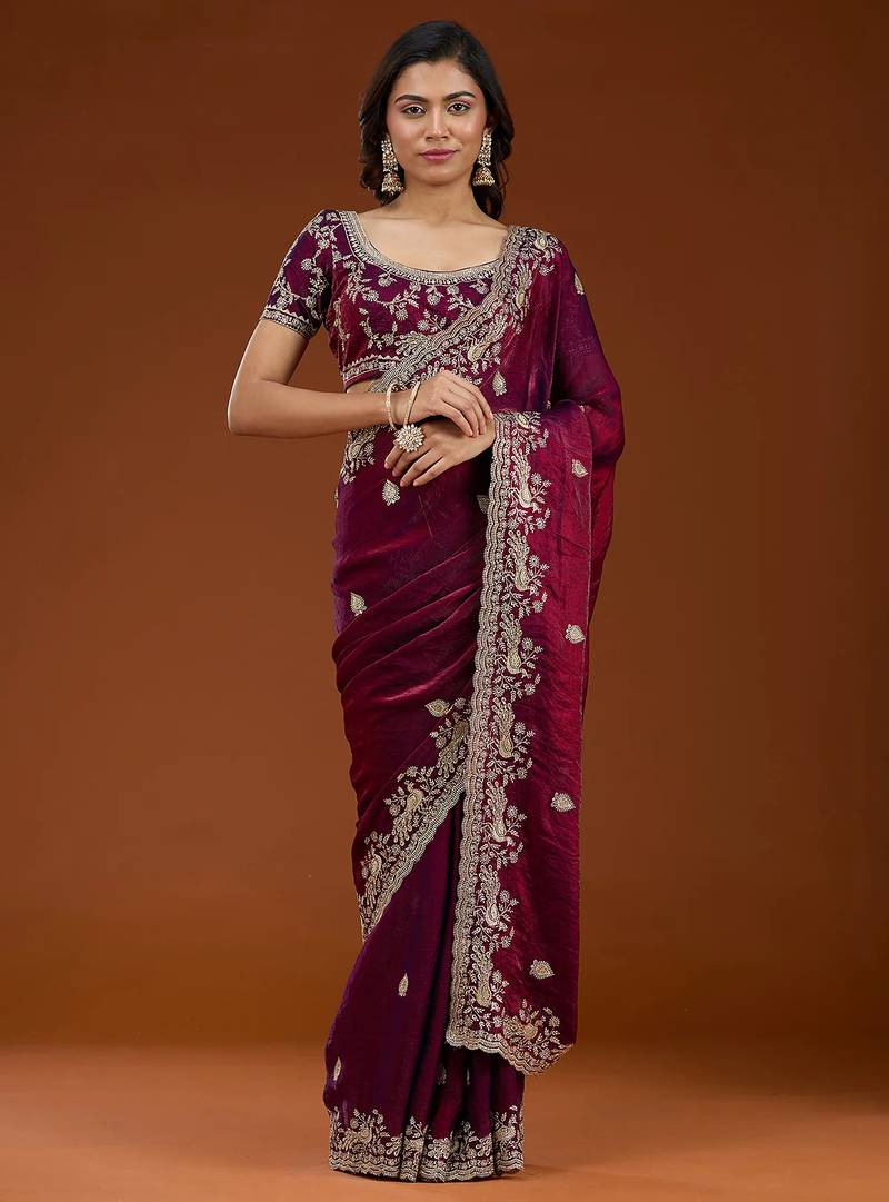 Wine embroidered threads zari work satin silk bollywood saree with blouse