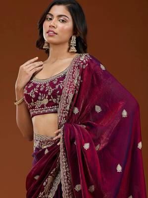 Wine embroidered threads zari work satin silk bollywood saree with blouse 2