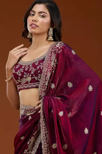 Wine embroidered threads zari work satin silk bollywood saree with blouse