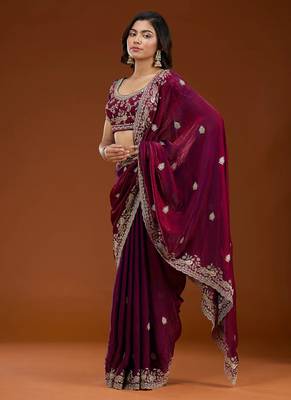 Wine embroidered threads zari work satin silk bollywood saree with blouse 3