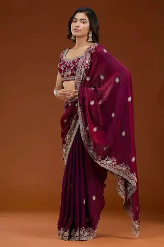 Wine embroidered threads zari work satin silk bollywood saree with blouse
