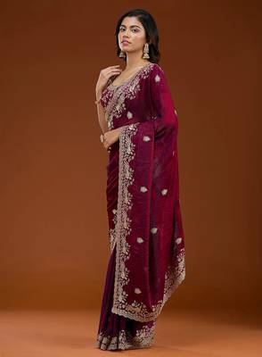 Wine embroidered threads zari work satin silk bollywood saree with blouse 4