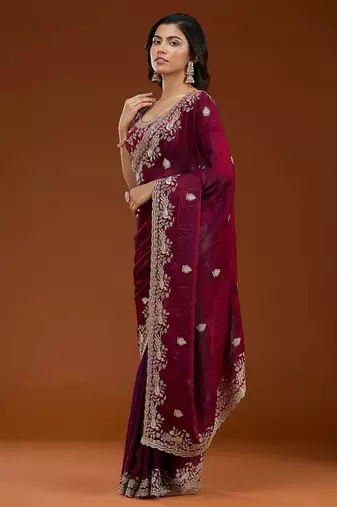 Wine embroidered threads zari work satin silk bollywood saree with blouse