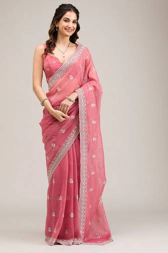 pink embroidered diamond work crunchy chiffon saree with blouse