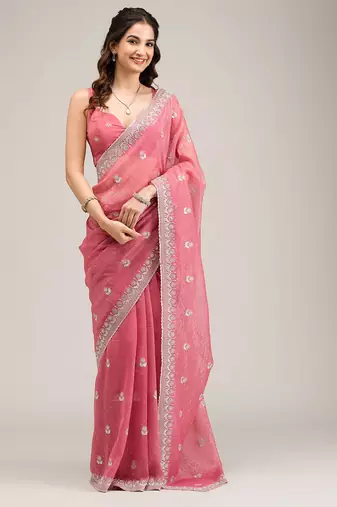 pink embroidered diamond work crunchy chiffon saree with blouse