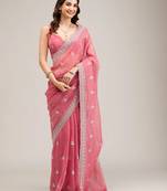pink embroidered diamond work crunchy chiffon saree with blouse