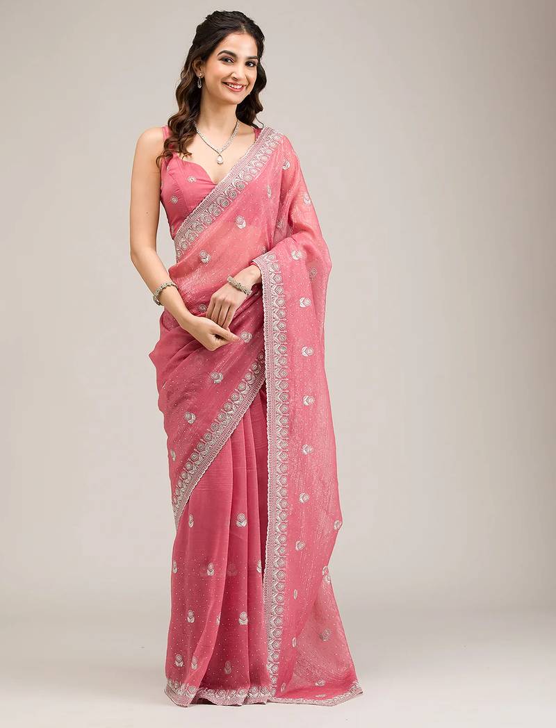 pink embroidered diamond work crunchy chiffon saree with blouse