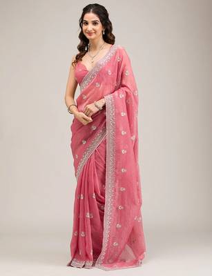 pink embroidered diamond work crunchy chiffon saree with blouse 3