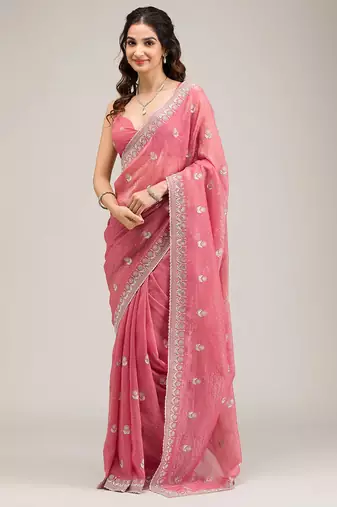 pink embroidered diamond work crunchy chiffon saree with blouse