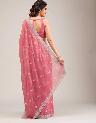 pink embroidered diamond work crunchy chiffon saree with blouse 4