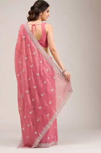 pink embroidered diamond work crunchy chiffon saree with blouse