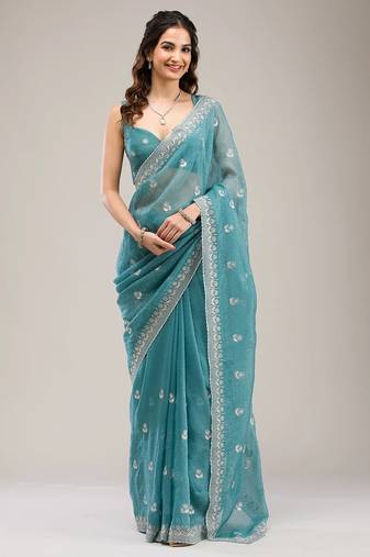 sea green embroidered diamond work crunchy chiffon saree with blouse