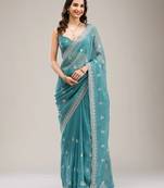 sea green embroidered diamond work crunchy chiffon saree with blouse