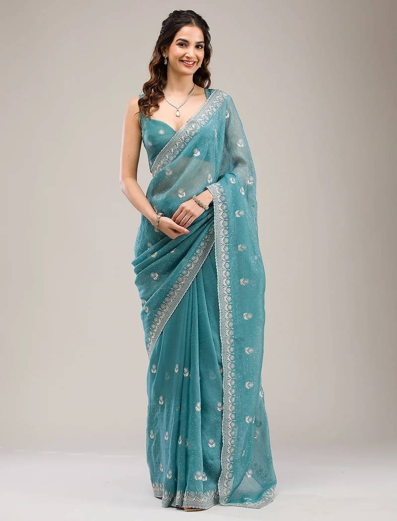 sea green embroidered diamond work crunchy chiffon saree with blouse